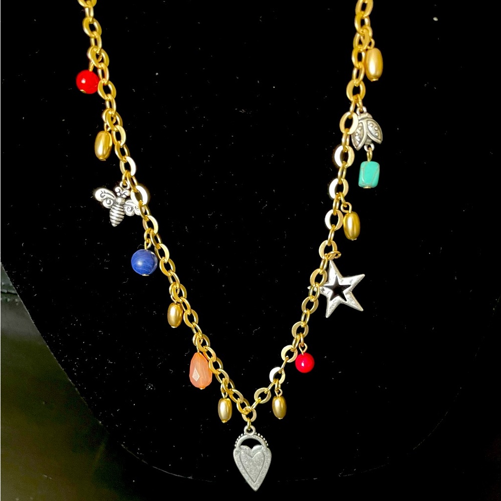 Chico's Long Bees Charm NWOT Gold/Silver Tone Heart Multi Color Beads Necklace